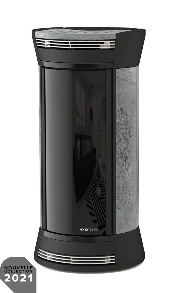 Poêle à granulés CLESSIDRA 11 de MorettiDesign - est aussi proposé en version buche hydro avec des puissances de 18, 16, 14, 12, ou 10 W pour le réseau d'eau. 