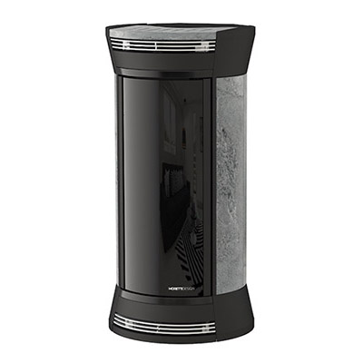 Poêle à granulés Clessidra 11 de MorettiDesign - est aussi proposé en version buche hydro avec des puissances de 18, 16, 14, 12, ou 10 W pour le réseau d'eau. 