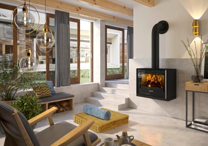 Poêle à bûches Ziva 50 de Oranier - dans sa version suspendue au mûr