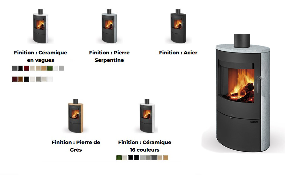 Poêle à bûches Ovalis de Romotop - et ses différents habillages.
